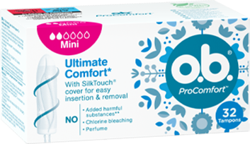 Přední strana balení o.b.® ProComfort Mini s 32 kusy tamponů