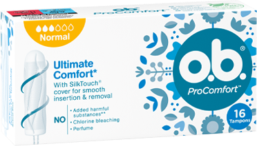 Přední strana balení o.b.® ProComfort Normal s 16 kusy tamponů