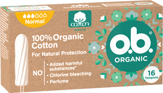 Přední strana balení o.b.® Organic Normal s 16 kusy tamponů